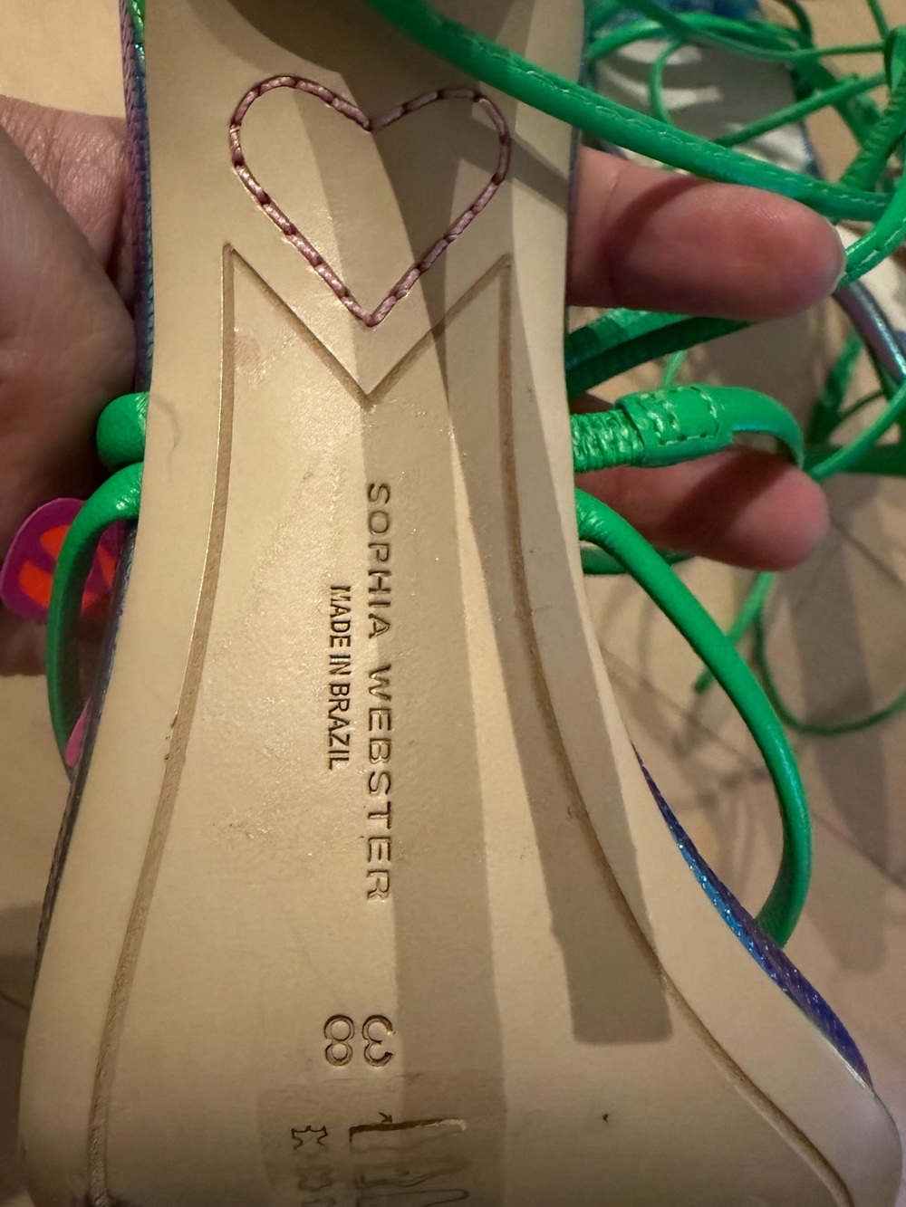 Sophia Webster Green Lace-Up Heels with Red-Orange Butterfly Accents - Picture 3 of 3